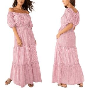NWOT Draper James RSVP Red & White Striped Tiered Maxi Drop Shoulder Dress Sz L